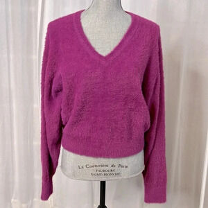 NWOT SPLENDID Purple Pink Fuzzy V-Neck Dolman Pullover Sweater, Size M
